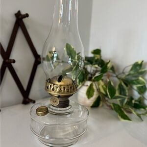 Large Vintage Glass Oil Lamp with Brass Accents